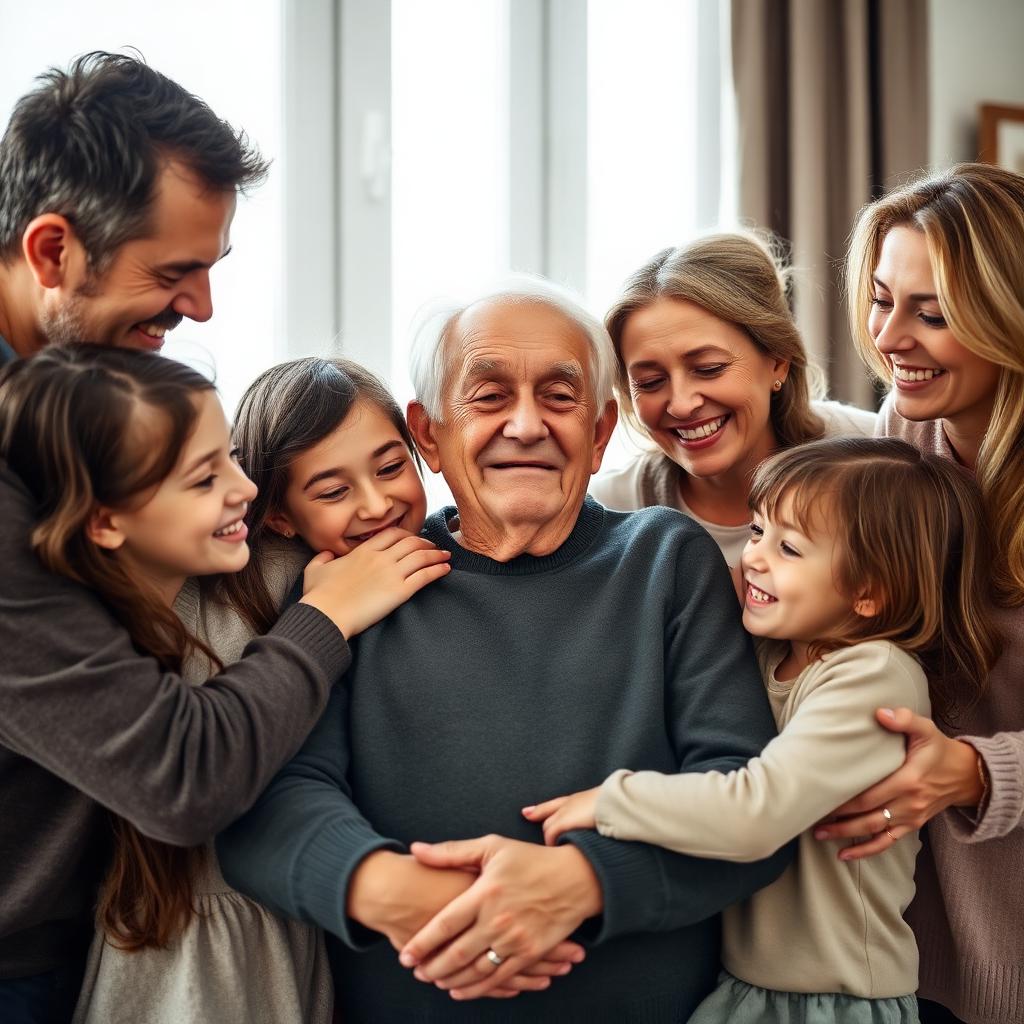 Multigenerational family embracing an elderly loved one